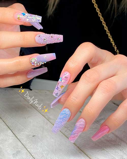 Soft pastel pink, blue and lavender unicorn nails design!