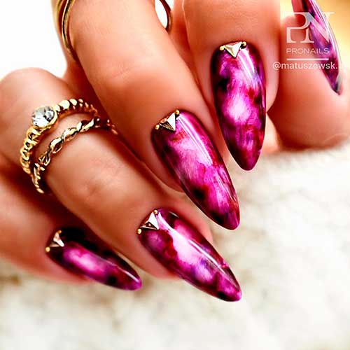 Almond shaped dark purple marble nails 2021 with gold gems design!