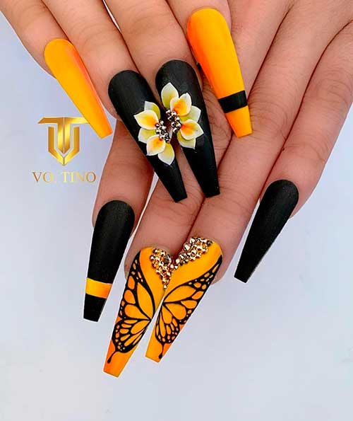 Black and Yellow Spring Nails 2021 with Butterfly and Floral Nail Art