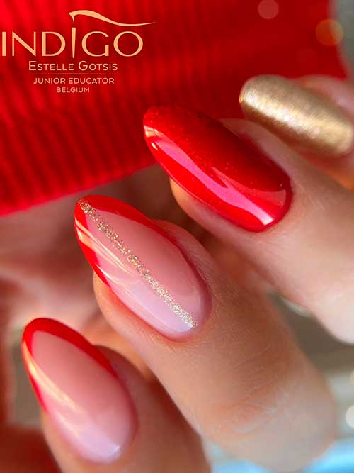 Classy Red and Gold Nails with Two Red French Accent Nails