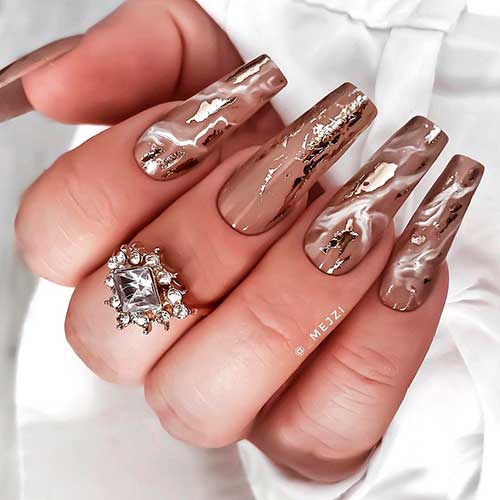 Coffin shaped brown and white marble nails 2021 with gold foil design!