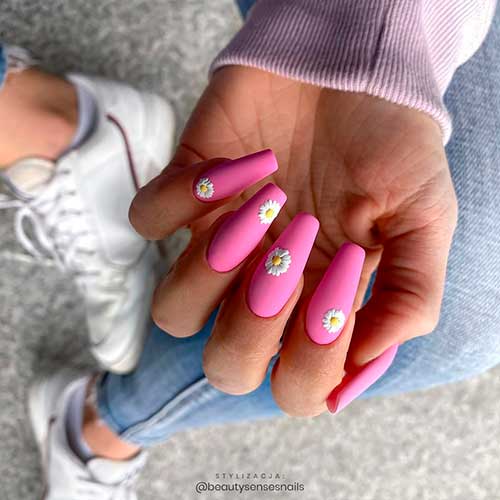 Coffin shaped matte pink spring nails 2021 with blossoms for spring time!