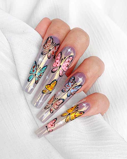 Cute Long Colorful Butterfly Nail Art Design on Clear tips