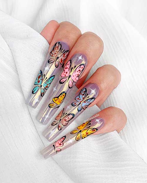 Cute Colorful Butterfly Nail Art Design Cute Long Colorful Butterfly Nail Art Design on Clear tips