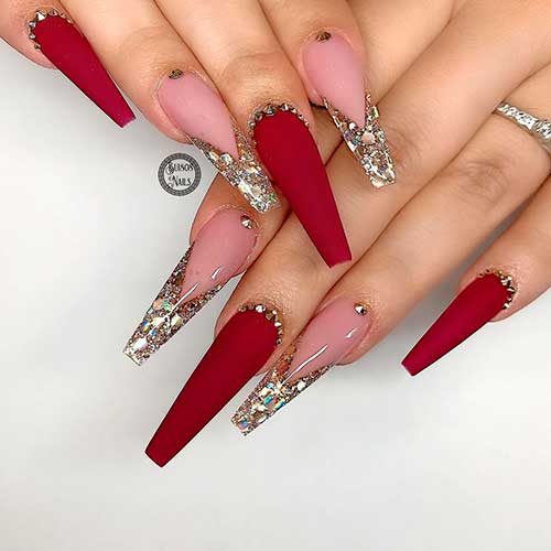 Cute matte red nails with gold glitter nails and gold rhinestones design! Cute matte red nails with gold glitter nails and gold rhinestones design!