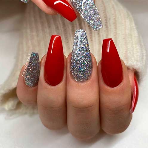 Cute red nails coffin shaped with two accent silver glitter nails design!