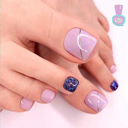 Glamor Purple Pedicure Idea with silver and light blue dashes on big toenail, and glitter blue toenail design! Glamor Purple Pedicure Idea with silver and light blue dashes on big toenail, and glitter blue toenail design!