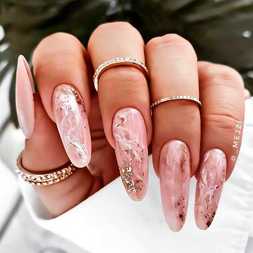 Long pink and white marble nails 2021 with little gold foil flakes design!