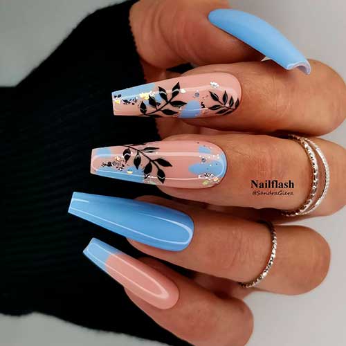 Gorgeous Light Blue and Nude Colors coffin shaped nails 2021 with Leaf Nail Art