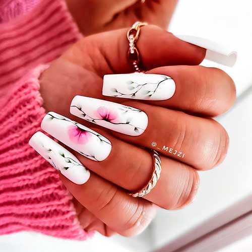 Gorgeous White long square shaped Blossom Nails 2021 for spring and summer time
