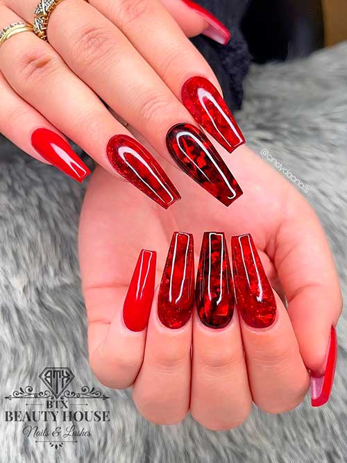 Long Coffin Shaped Red Nails with Glitter