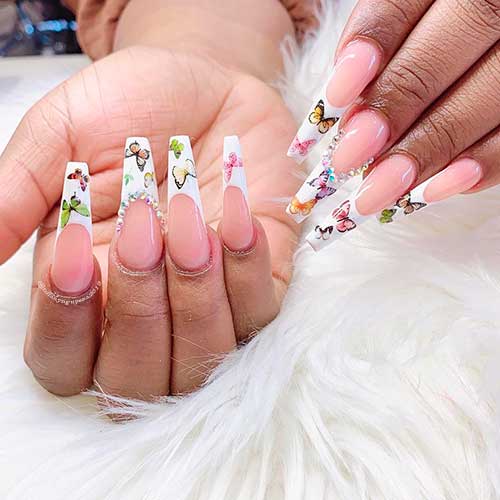 Long French Nail Tips with Butterfly Nail Art Long French Nail Tips 2021 with Butterfly Nail Art for spring time
