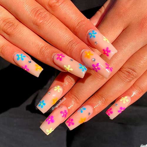 Colorful Long Square Shape Floral Nails 2021 with Rhinestones for spring time