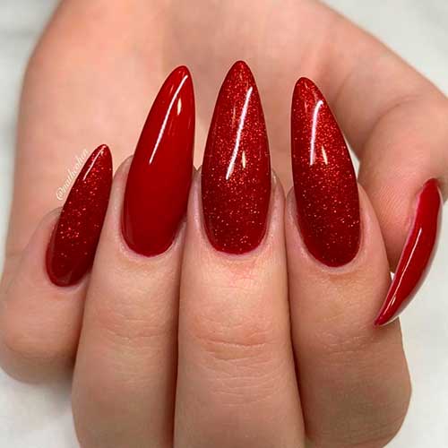 Long almond glossy red nails with shimmer red nails design!
