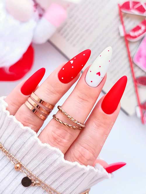 Long almond matte red valentine’s nails 2023 with polka dots and hearts