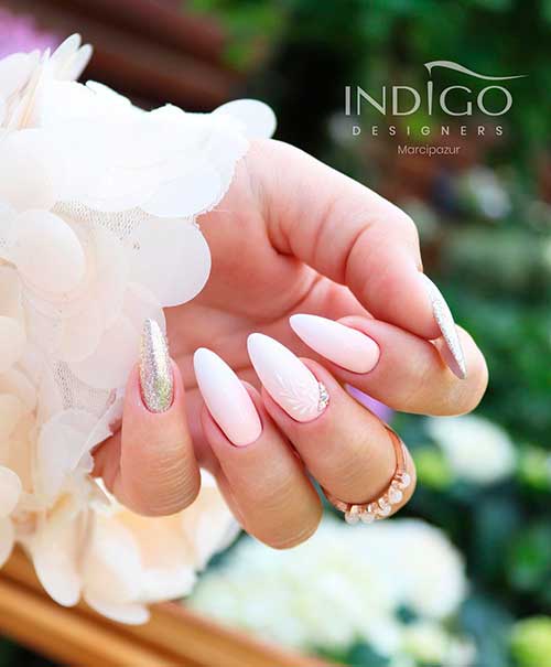 Matte Pink Ombre Nails 2021 with Glitter and Leaf Nail Art for spring time!