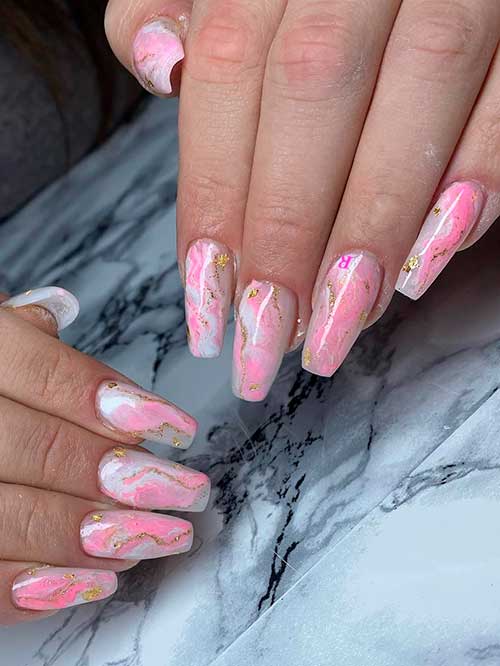Medium coffin pink marble nails with gold glitter