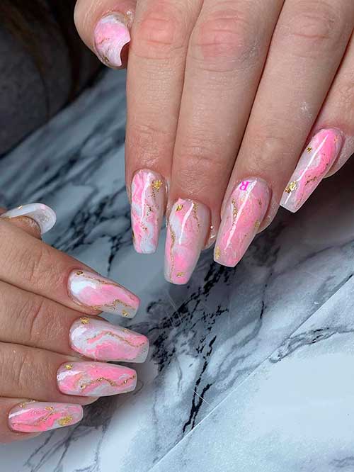 pink and white marble nails Medium coffin pink marble nails with gold glitter
