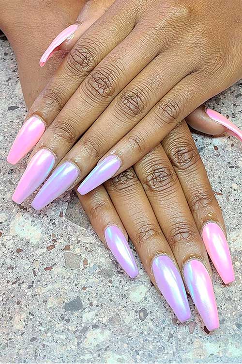 Pretty unicorn coffin shaped nails achieved with daily charme Unichrome/Aurora chrome powder coat