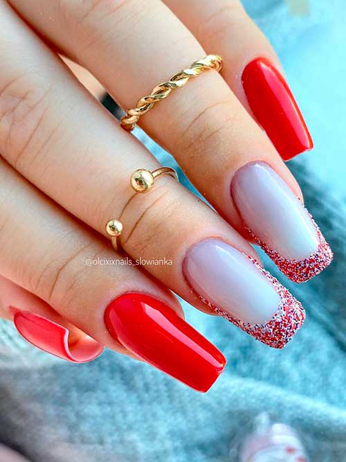 Red Nails with Glittery French Tip Accents