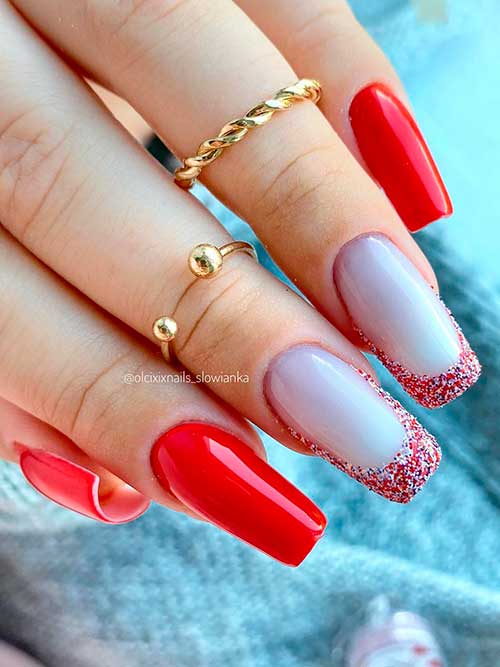 Red Nails with Glittery French Tip Accents Red Nails with Glittery French Tip Accents
