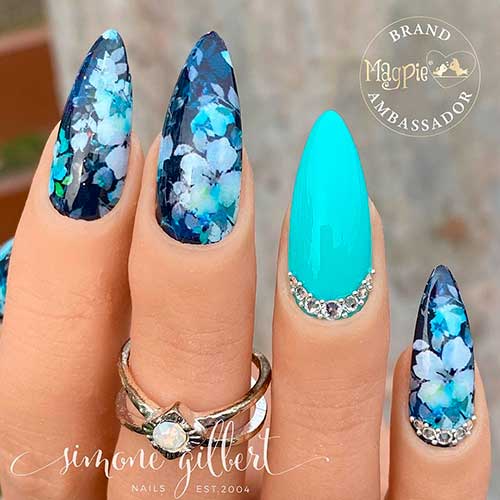 Stunning Floral Nail Art Design with rhinestones and accent turquoise nail for spring time