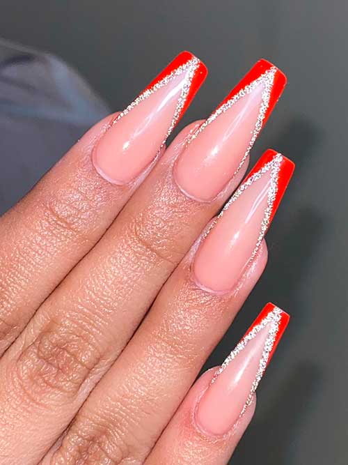 V French Red and Silver Nails Long Coffin Shaped Double V French Red and Silver Nails