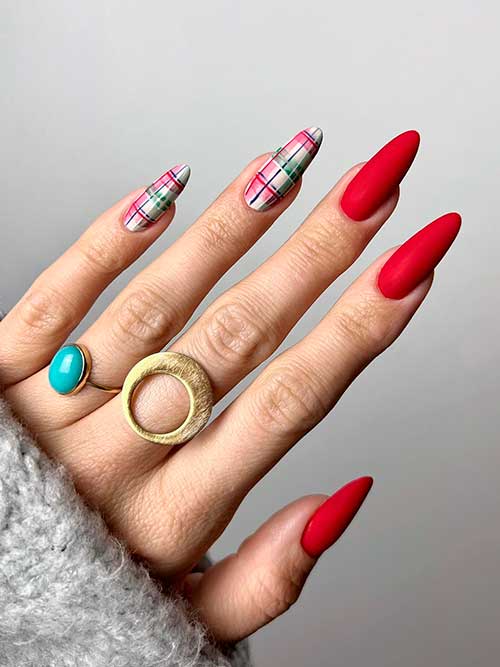 Long Almond Shaped Matte Red Nails Design with Two Plaid Accent Nails