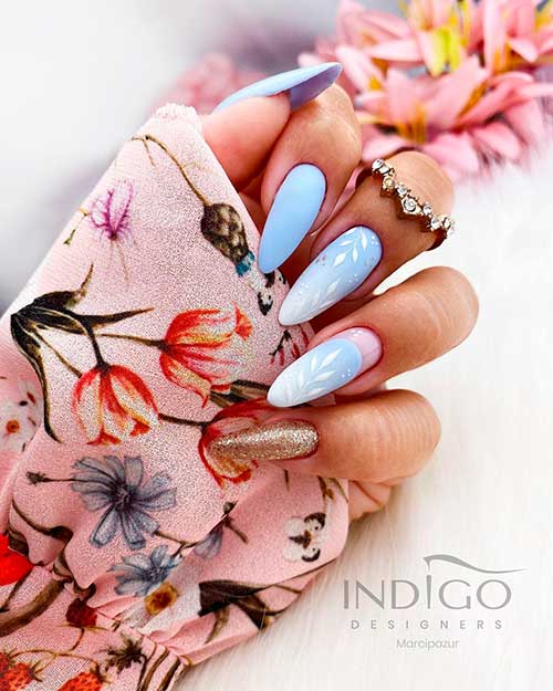 Almond shaped Matte light blue nails with two accent ombre leaf nail art and gold glitter pinky nail!