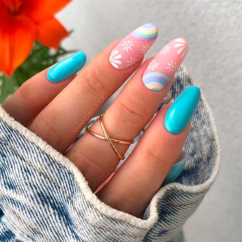 Classy Light Blue Nails 2021 with Rainbows and Floral Nail Art