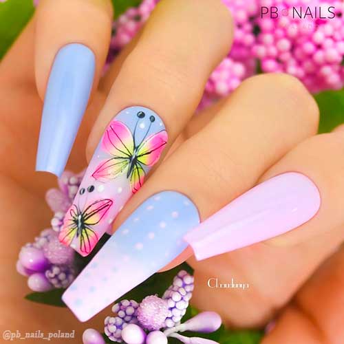 Cute coffin-shaped Light Blue Nails with Pink and Butterfly Nail Art on the accent nail and ombre polka dot nail art!