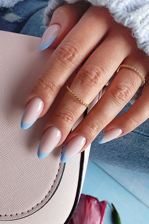 Cute light blue French tip nails almond long