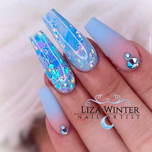 Gorgeous Light Blue Nails 2021 with matte Ombre, Glitter, And Rhinestones