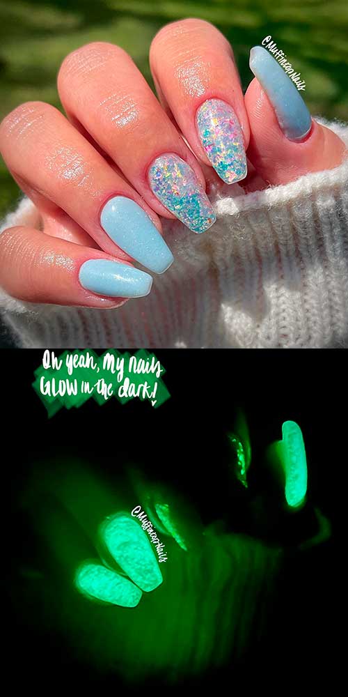 Glow in The Dark Baby Blue Nails with Glitter on Two Accents