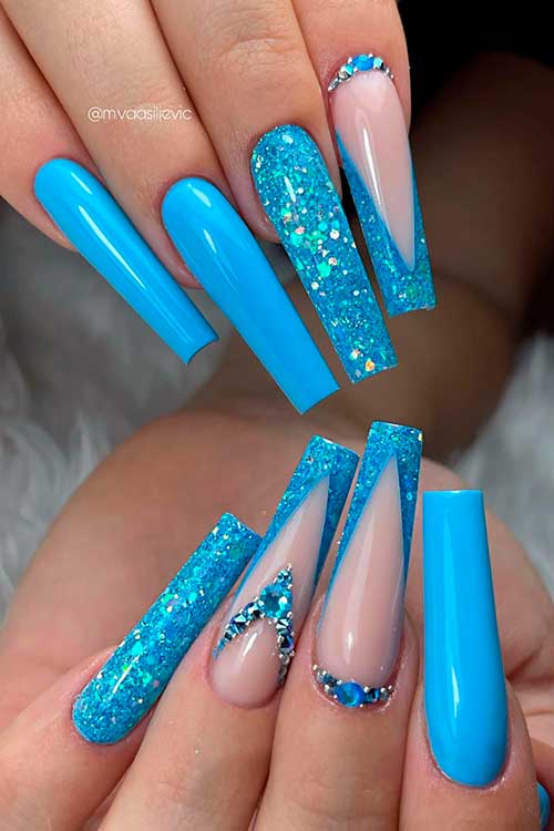 Long Light Blue Coffin Nails with Glitter and Rhinestones for Summer 2022