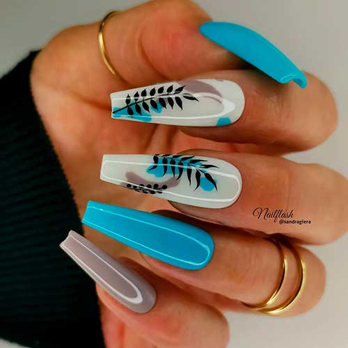 Long Coffin Light Blue Nails with White and Grey Accents with Leaf Nail Art