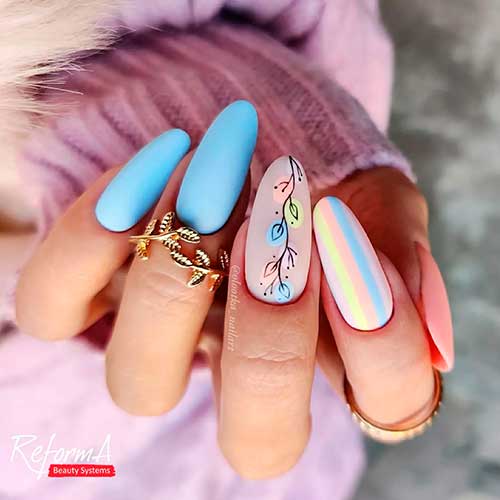 Long Round Light Blue Nails with Design with Pastel Nail Colors