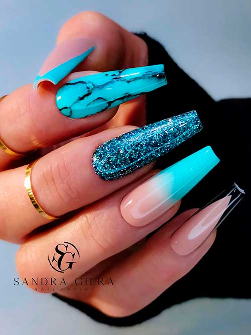 Long light blue turquoise coffin nails with glitter, marble, and black French accent nails