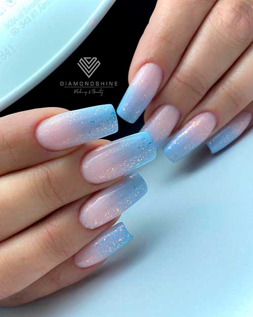 Long Shimmer Baby Blue Ombre Nails