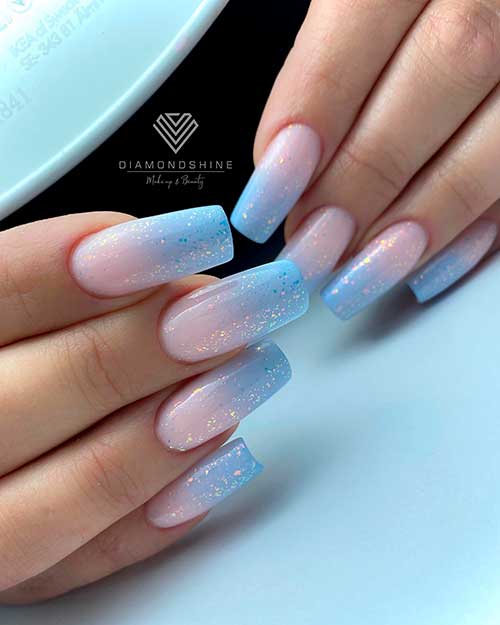 Shimmer Baby Blue Ombre Nails Long Shimmer Baby Blue Ombre Nails