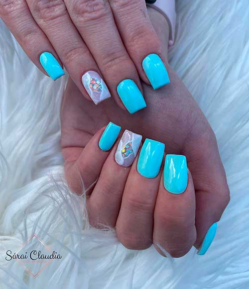 Short Light Blue Nails with Accent Marble Nail That Considered Cute Spring Nails Design