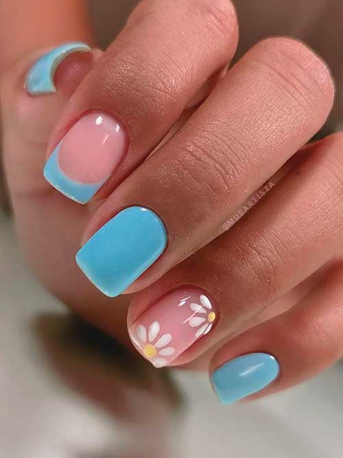 Short Light Blue Spring Nails with Daisy Flowers and French Accent Nails