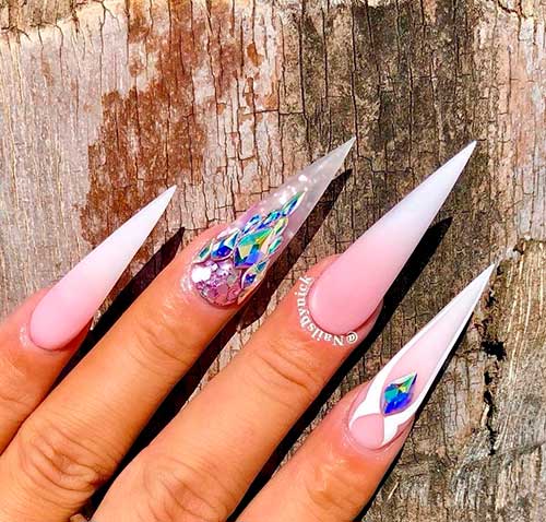 Chic matte French ombre stiletto nails 2021 with gems on two accent nails!