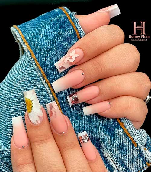 Classy matte French ombre nails 2021 with white flower accent nails and silver & butterfly glitters! Classy matte French ombre nails 2021 with white flower accent nails and silver & butterfly glitters!