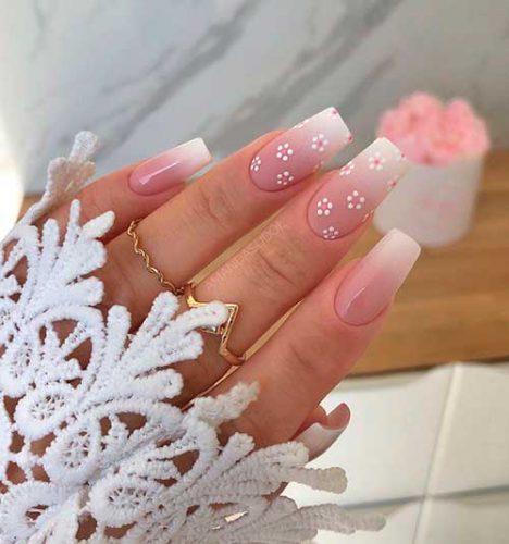Cute Glossy and Matte French Ombre Nails with White Blossoms