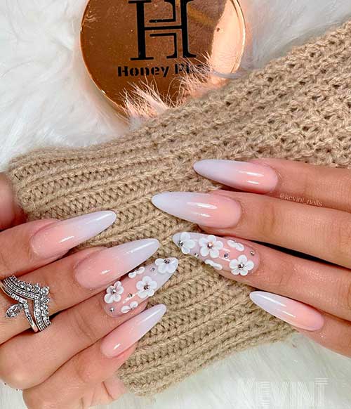 Cute almond shaped pink and white ombre nails for spring time!