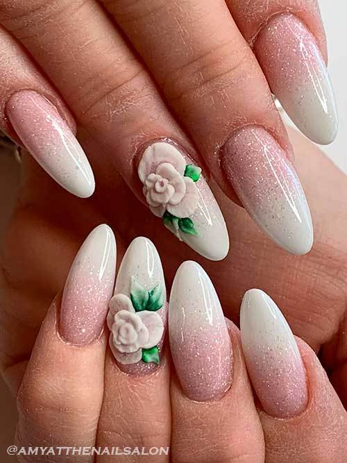 French Ombre Nails with 3D Flower Long Almond Glitter French Ombre Nails with 3D Flower on Accent for Spring and Summer Times