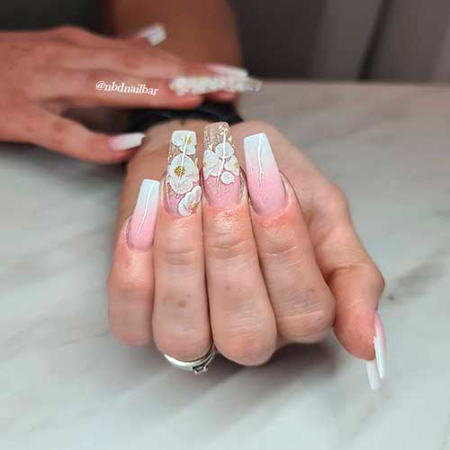 Gold Glitter Floral French Ombre Nails 2021 for fancy look