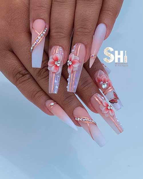 Long French Ombre Nails 2021 with 3D Flowers and rhinestones