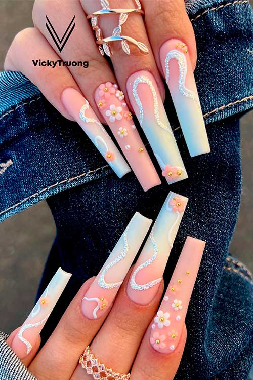 Long Spring Baby Bloomers Long Spring Baby Bloomers Nail Art Design with Rhinestones and Glitter